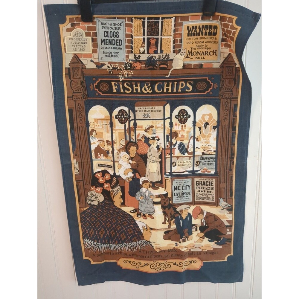 Vintage Britain Travel Tea Towel Fish & Chips England Vista 100% Cotton